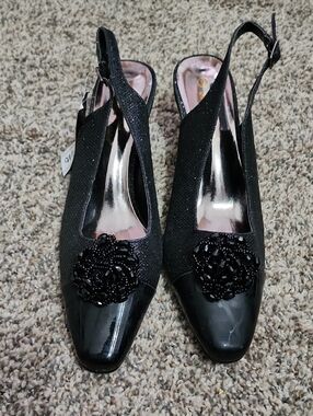 Women's Black Slingback Heels with Beaded Flower Accent
